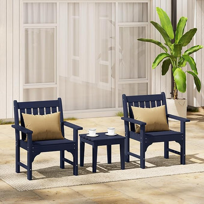 Costaelm 3 piece Patio Set, Outdoor Table and Chairs Set of 3, 3-Piece HDPE Garden Chair with Square Adirondack Side Table, Porch Chairs Coffee Table for Outside Porch Backyard, Navy Blue