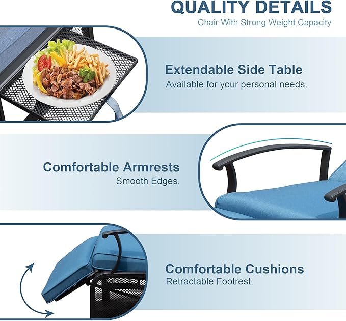 Domi Adjustable Patio Recliner Chair Metal Outdoor Lounge Chair with Flip Table Push Back, Adjustable Angle, Removable Cushions, Support 350lbs, Navy Blue
