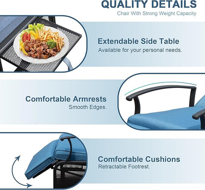 Domi Adjustable Patio Recliner Chair Metal Outdoor Lounge Chair with Flip Table Push Back, Adjustable Angle, Removable Cushions, Support 350lbs, Navy Blue