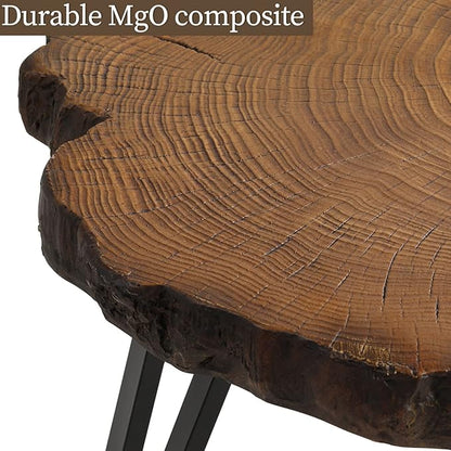 COSIEST Outdoor Faux Wood Tree-Slice Coffee Table, Natural Oak Hand Painted Finish 31.5x20, 3 Black Metal Legs End Table
