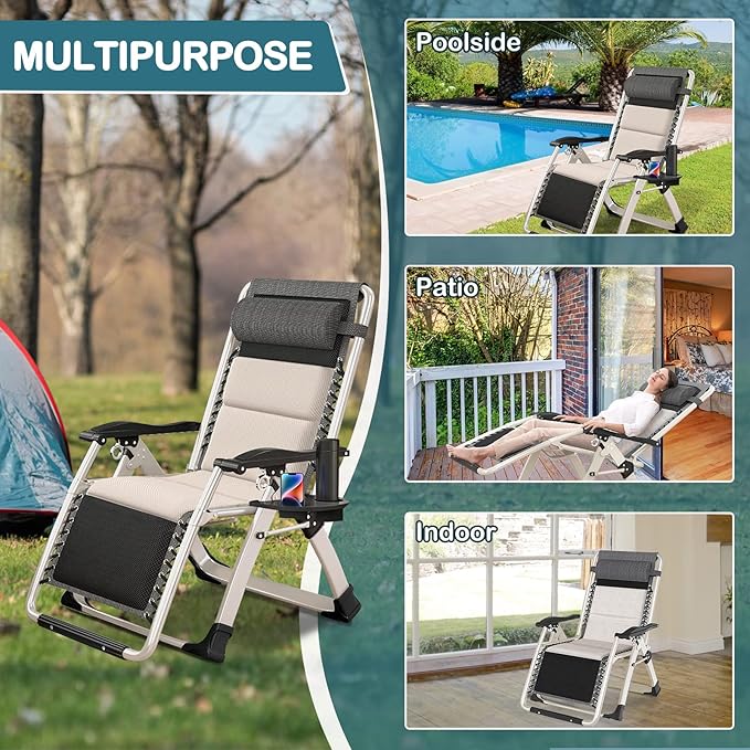 NAIZEA Padded Zero Gravity Chair, Folding Outdoor Lounge Chairs, Adjustable Reclining Camping Chairs with Cup Holder - Photo 3