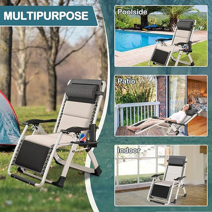 NAIZEA Padded Zero Gravity Chair, Folding Outdoor Lounge Chairs, Adjustable Reclining Camping Chairs with Cup Holder, Ergonomic Patio Lawn Chair for Balcony Beach Deck Yard