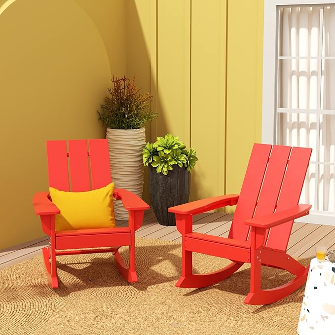 WO WESTIN OUTDOOR HDPE Shoreside Modern Rocking Poly Adirondack Chair (Set of 2),Red
