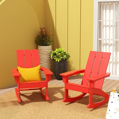 WO WESTIN OUTDOOR HDPE Shoreside Modern Rocking Poly Adirondack Chair (Set of 2),Red