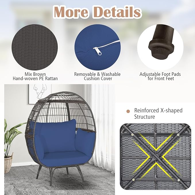 Giantex Oversized Wicker Egg Chair, Outdoor & Indoor Hammock Chair with Thick Cushions, 2-Person PE Rattan Lounge Chair Swing Chair for Patio, Backyard,Porch, 450 LBS Weight Capacity (Dark Blue)