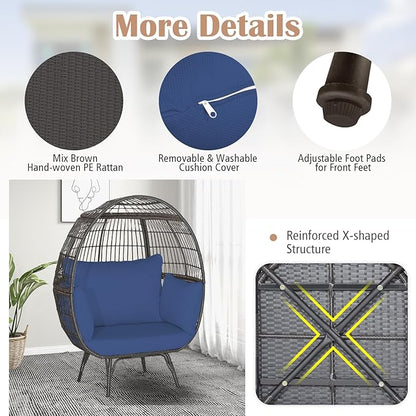 Giantex Oversized Wicker Egg Chair, Outdoor & Indoor Hammock Chair with Thick Cushions, 2-Person PE Rattan Lounge Chair Swing Chair for Patio, Backyard,Porch, 450 LBS Weight Capacity (Dark Blue)