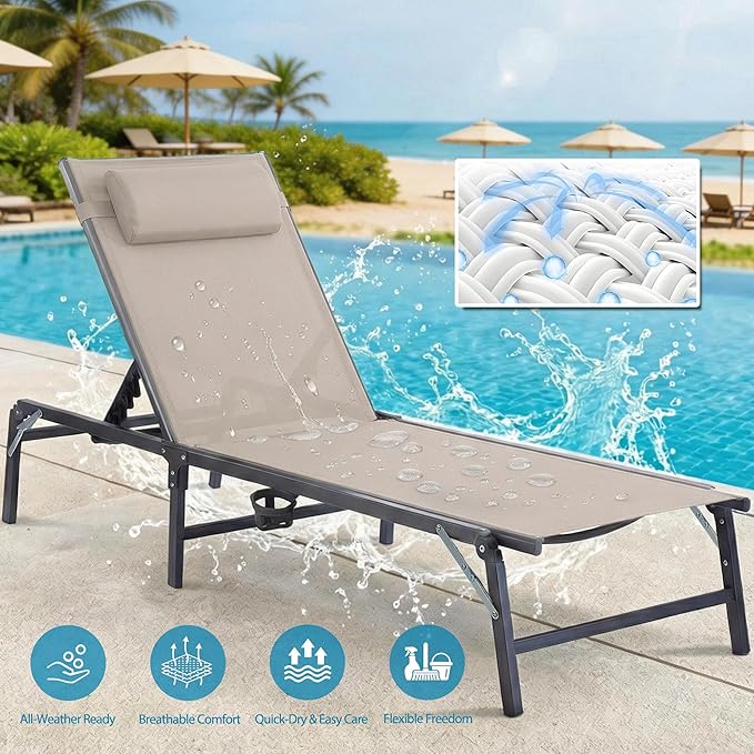 Foldable Outdoor Lounge Chairs Set of 4, No Assembly Chaise Lounge Outdoor with Cup Holder and 6 Adjustable Positions - Photo 5