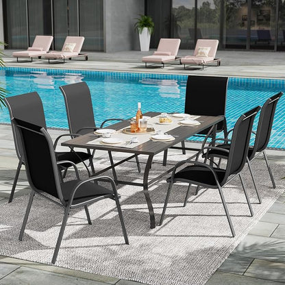 UDPATIO Patio Dining Set for 7, Outdoor Table and Chairs Set with Square Metal Table, 6 Stackable Patio Chairs, Outdoor Furniture for Deck Garden Backyard Lawn Poolside (Black)