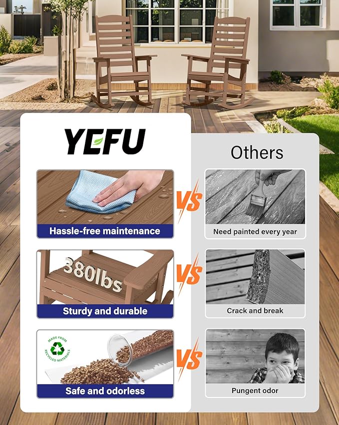 YEFU Outdoor Rocking Chair Set of 2,Poly Porch Rocker with Curved Backrest,All Weather Patio Rocking Chair,Like Real Wood,for Indoor,Lawn, Backyard,Garden,Heavy Duty,Weight Capacity 380lbs(Teak)