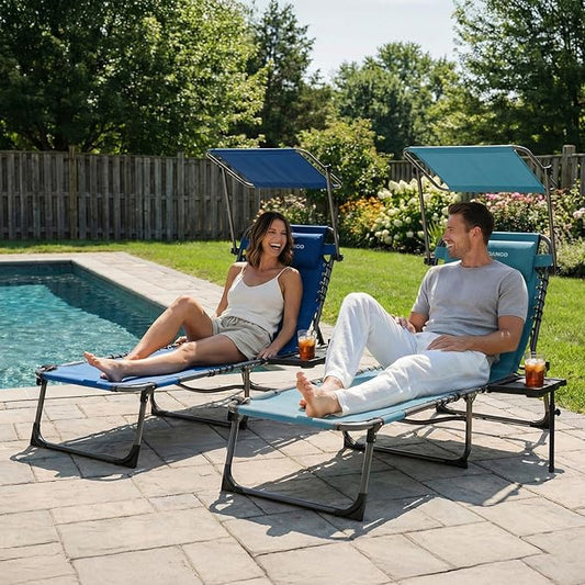 FUNDANGO Heavy Duty Tanning Chair with Face Hole & Canopy, 400lbs Beach Lounge Chair with Side Table, 5-Position Sun Lounger for Outdoor Patio Pool-Face Down Chaise with Anti-Pinch Safety Lock,Blue