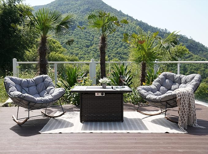 Grand patio Rocking Chair Set of 3, Rectangular Propane Fire Pit Table with Resin Wicker Base and Ceramic Tabletop, Royal Rocking Chairs with Padded Cushion and Faux Woodgrain Base