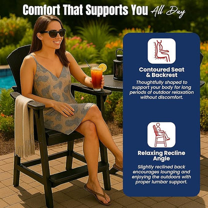 Phat Tommy Tall Adirondack Chair - HDPE Outdoor Furniture - Poly Adirondack Bar Stool - Heavy, Stress Free Furniture for Balcony, Deck, Patio, Front Porch, Black
