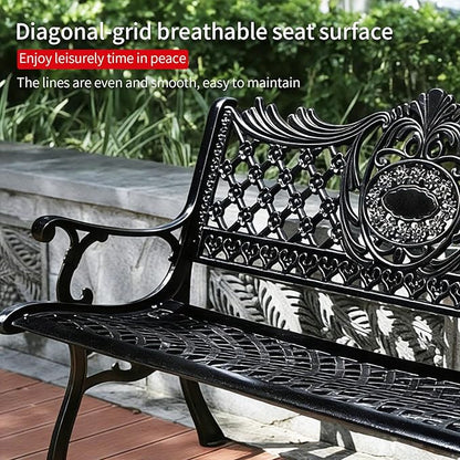 51" Outdoor Bench Garden Bench Cast Aluminum Bench with Floral Back Metal Front Porch Benches for Yard Patio Entryway Park (Matte Black)