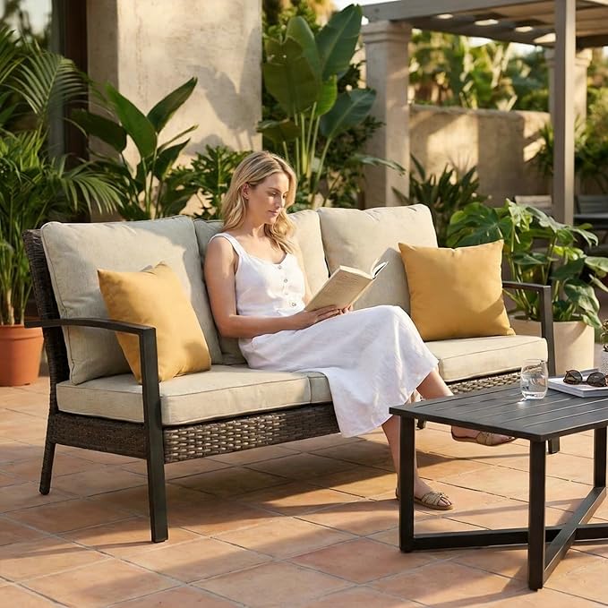 Green4ever Outdoor Furniture, 2 Pieces Patio Furniture Set with Coffee Table, Wicker Outdoor Couch with Cushions, Patio Sofa for Porch, Backyard, Pool, Deck, Garden, Beige