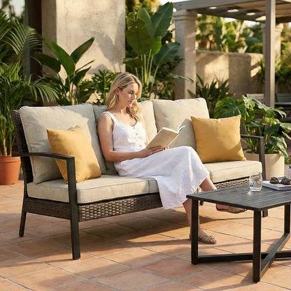 Green4ever Outdoor Furniture, 2 Pieces Patio Furniture Set with Coffee Table, Wicker Outdoor Couch with Cushions, Patio Sofa for Porch, Backyard, Pool, Deck, Garden, Beige