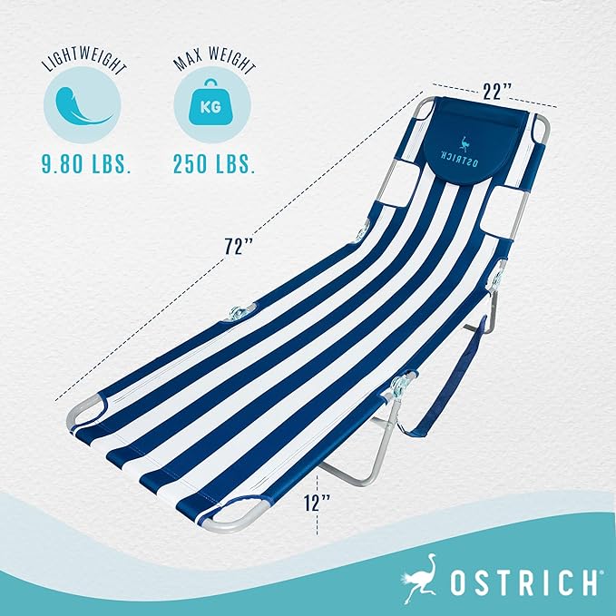 Ostrich Chaise Lounge Folding Portable Sunbathing Beach Chair, Striped (2 Pack)