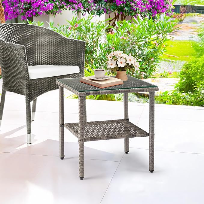 VINGLI Outdoor Wicker Side Table Patio Side Tables for Outside, Tempered Glass Top Wicker Table with Storage End Table for Patio Balcony Porch Deck (Grey)