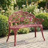 Antique Red Outdoor Garden Bench - 38.5" Rose Pattern Cast Aluminum Patio Furniture - Weather Resistant 2-Seater Porch - Photo 2