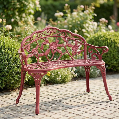 Antique Red Outdoor Garden Bench - 38.5" Rose Pattern Cast Aluminum Patio Furniture - Weather Resistant 2-Seater Porch Loveseat for Yard, Park, & Balcony - Supports 300lbs