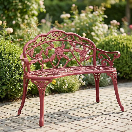 Antique Red Outdoor Garden Bench - 38.5" Rose Pattern Cast Aluminum Patio Furniture - Weather Resistant 2-Seater Porch Loveseat for Yard, Park, & Balcony - Supports 300lbs
