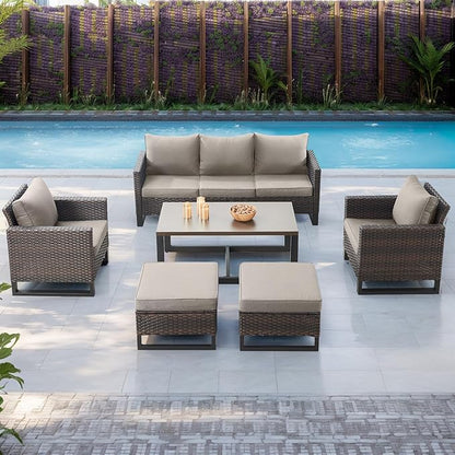 Rilyson Wicker Outdoor Patio Furniture Set - 6 Piece Patio Conversation Set with 2 Armrest Chairs,2 Rattan Ottoman,1 Couch and 1 Metal Side Table for Outside Porch Deck Backyard(Brown/Grey)