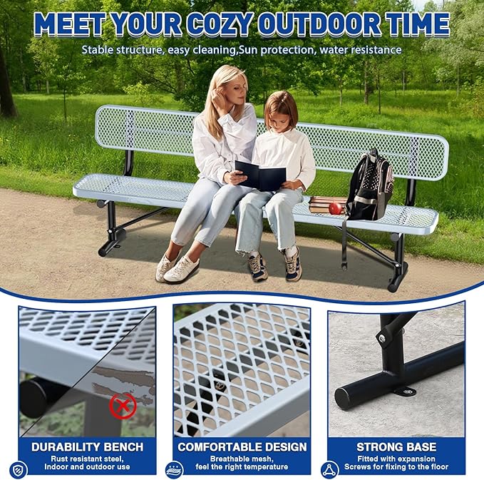 Heavy-Duty Park Bench for Outside - Black Coated Outdoor Furniture Steel Bench, Commercial-Grade Outdoor Benches Weatherproof for Park, Patio, Porch (Portable with Back, 4/6/8 Ft) (Grey, 8FT)