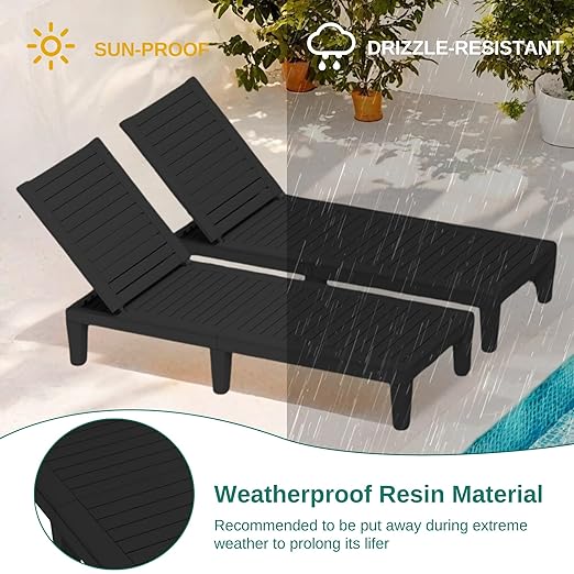 YITAHOME Patio Lounge Chair Set of 2, Outdoor Chaise Lounge with 5-Position Backrest, 265lbs Weight Capacity for Backyard, Poolside, Waterproof & Easy Assembly (Black)