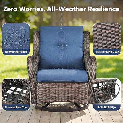 Belord 5 Piece Outdoor Wicker Furniture, Patio Swivel Rocking Chairs with Loveseat and 3 Seat Sofa,All Weather Patio Conversation Furniture Set, for Backyard Poolside Brown Wicker/Blue