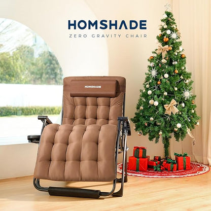HOMSHADE XXL Zero Gravity Chair with Cushion, 33In Oversized Zero Gravity Lounge Chair, Patio Outdoor Recliner Chair for Indoor Outdoor with Headrest, Cup Holder, Footrest Support 500Lbs, Brown