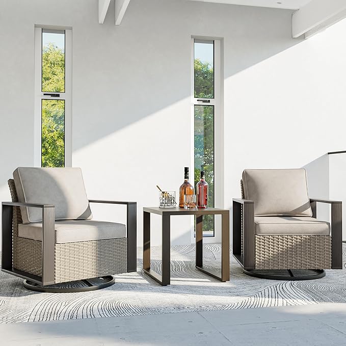 3 Piece Patio Chair Set, Outdoor Swivel Rocker Patio Chairs and Side Table, Metal Patio Furniture with Deep Seating - Photo 8