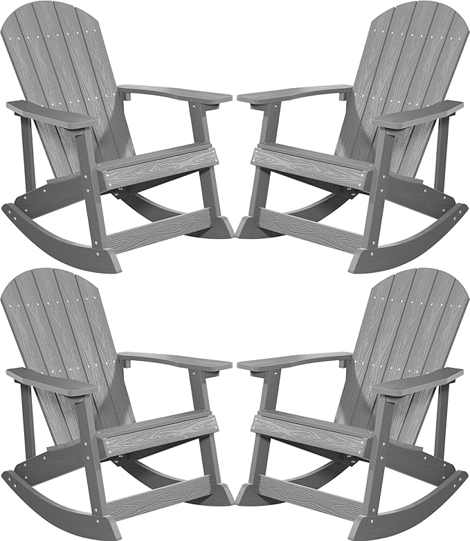YEFU Outdoor Rocking Chair Set of 4,Adirondack Rocking Chair,Patio Rocker Chair with Wide Back,Oversized Rocker Chair Look Like Real Wood, for Lawn, Porch, Backyard, Indoor and Garden(Grey)