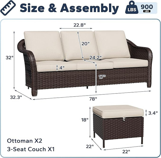 Outdoor Sectional Couch Set | 78" 3-Seat Couch with 2 Ottomans, Patio Conversation Furniture Set, Outside Wicker Furniture with Washable Cushions (Beige)