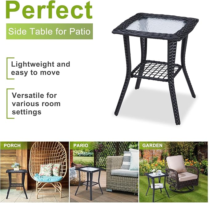 Outvita Outdoor Side Table, Patio Rattan Coffee Table Small End Table with Glass Tabletop and Storage Shelf for Patio Porch Backyard Balcony Living Room