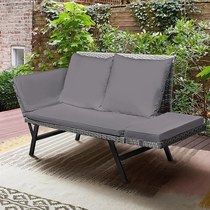 Greesum Outdoor Sofa, Woven Rattan Patio Furniture, Convertible Daybed or Double Chair with Adjustable Armrests - Photo 2