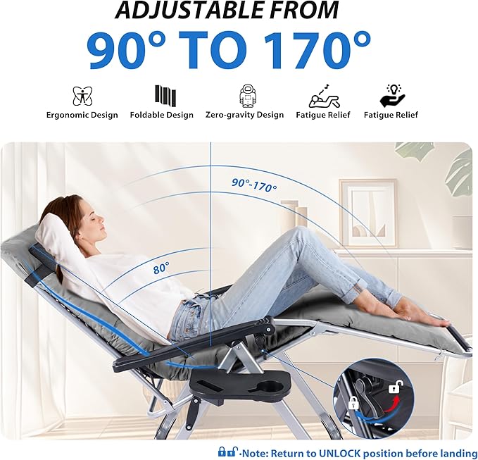NEWBULIG Zero Gravity Chair, Folding Outdoor Patio Recliner, Reclining Camping Lounge Chair with Cup Holder Trays and Removable Cushion for Indoor Outdoor Beach