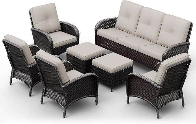 Joyside Wicker Patio Furniture Set, 7 Piece Outdoor Furniture Set with Thickened Cushions, High Back, Deep Seating, Wide Armrest, Rattan Outdoor Chairs for Porch, Deck