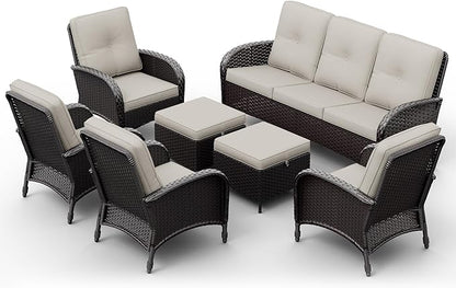 Joyside Wicker Patio Furniture Set, 7 Piece Outdoor Furniture Set with Thickened Cushions, High Back, Deep Seating, Wide Armrest, Rattan Outdoor Chairs for Porch, Deck