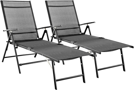 NUU GARDEN Folding Beach Lounge Chair 2-Pack,Chaise Lounge with Iron Frame and Breathable Textilene Fabric for Beach, Yard, Pool and Patio, Grey