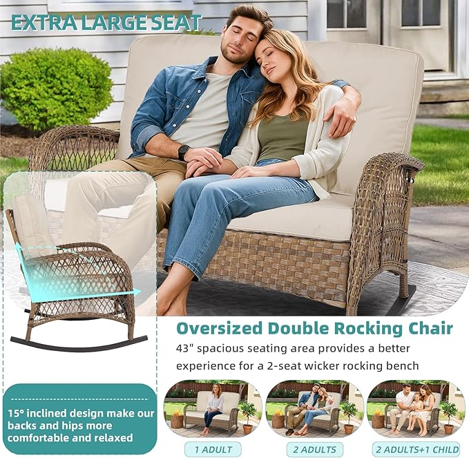 MEETWARM Outdoor Double Rocking Chair with Coffee Table, Oversized Loveseat Rocker with Thick Cushion for 2-Person，All-Weather 600 lbs Heavy Duty Rocking Bench Large Loveseat Patio Sofa for Garden
