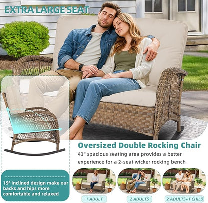 MEETWARM Outdoor Double Rocking Chair with Coffee Table, Oversized Loveseat Rocker with Thick Cushion for 2-Person，All-Weather 600 lbs Heavy Duty Rocking Bench Large Loveseat Patio Sofa for Garden