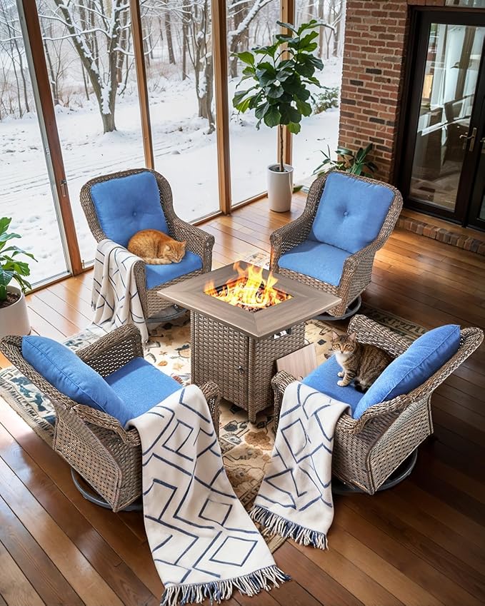 Outdoor Patio Swivel Gliders with Fire Pit Table 5 Piece Set - High Back Brown Wicker Rattan Rocking Chair with Thick Cushion for Porch Apartment Deck Yard Poolside Garden - Navy Blue