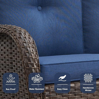 Belord Outdoor Patio Furniture - Wicker Sofa with Removable Cushion, 3 Seater Rattan Couch with Deep Seat, High Backrest, All-Weather for Balcony, Deck, Backyard, Brown/Blue