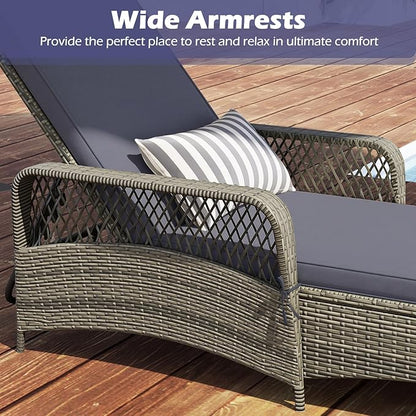 Wicker Chaise Lounge Chair Set of 2, Patio Rattan Recliner with 6-Position Adjustable Backrest, Soft Cushions, Removable Lumber Pillow & Armrests for Poolside & Backyard (Gray)