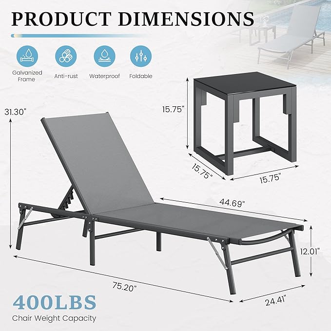 UDPATIO Foldable Patio Lounge Chair Sets with Side Table, No Assembly Outdoor Chaise Lounge with 5-Positions, Poolside Lounge Chairs with Portable Design for Pool, Beach, Deck, Backyard-Gray