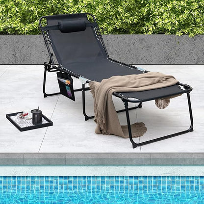 GYMAX Lounge Chair for Outside, 440lbs 27” Oversize Folding Beach Tanning Sunbath Chair with Adjustable Backrest & Removable Pillow, Lightweight Portable Patio Lounger for Lawn Poolside (2, Black)
