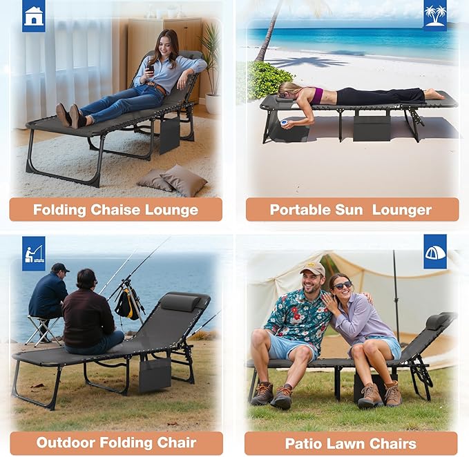 Devoko Beach Lounge Chair, Outdoor Sun Tanning Chair with Face Hole, Heavy Duty Folding Portable Lay Chaise Lounge Chairs for Outside Beach Pool Camping Patio, Gray