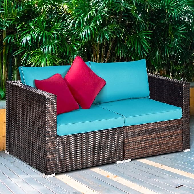Tangkula 2 Seat Outdoor Wicker Loveseat Sofa Set, Modular PE Rattan 2 Pieces Outdoor Wicker Corner Sofa, Outside Furniture Set for Deck, Backyard, Porch, Garden & Poolside, Turquoise