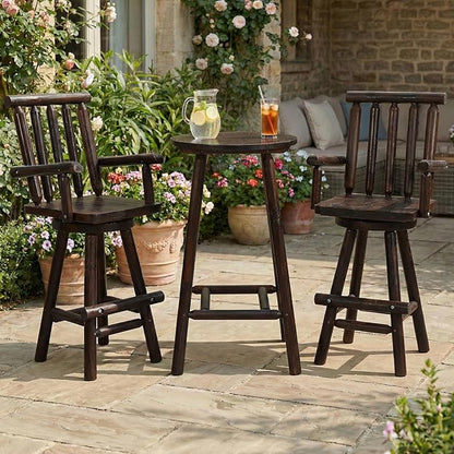 HOMEDIARY 3 Piece Outdoor Swivel Adirondack Bar Set, 41.9" Patio Log Bar Height Table & 2 Bar Stools with High Back, 500 LBS Heavy Duty Wooden Bar Stools Set for Deck Pub Garden Backyard, Carbonized