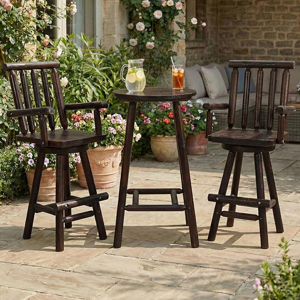 HOMEDIARY 3 Piece Outdoor Swivel Adirondack Bar Set, 41.9" Patio Log Bar Height Table & 2 Bar Stools with High Back - Photo 1