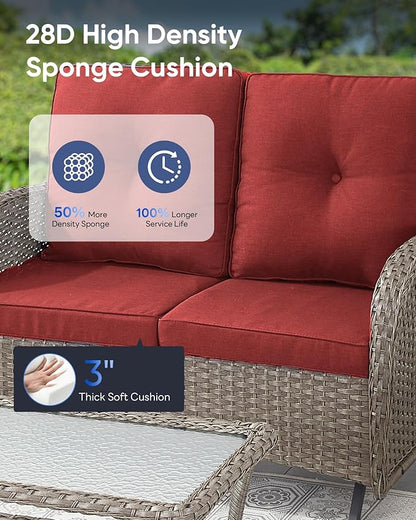 Outdoor Glider Bench-2 Seater Patio Glider Loveseat with High Back and Deep Seating Outdoor Couch for Deck Porch Garden Balcony Poolside-Grey/Red